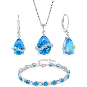 imageAquamarine Jewelry Set 925 Sterling Silver Pear Shaped March Birthstone Earrings Necklace Bracelet Jewelry Gifts for Women