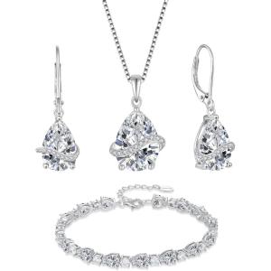 imageCubic Zirconia Jewelry Set 925 Sterling Silver Pear Shaped April Birthstone Earrings Necklace Bracelet Jewelry Gifts for Women