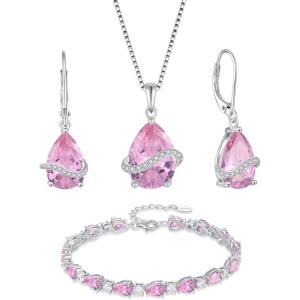 imagePink Tourmaline Jewelry Set 925 Sterling Silver Pear Shaped October Birthstone Earrings Necklace Bracelet Jewelry Gifts for Women