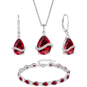imageRuby Jewelry Set 925 Sterling Silver Pear Shaped July Birthstone Earrings Necklace Bracelet Jewelry Gifts for Women