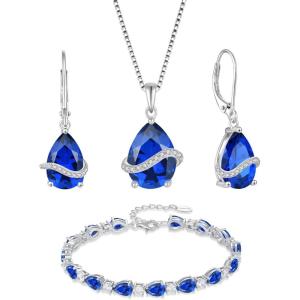 imageSapphire Jewelry Set 925 Sterling Silver Pear Shaped September Birthstone Earrings Necklace Bracelet Jewelry Gifts for Women