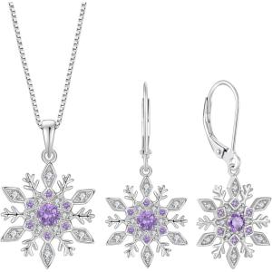 imageSnowflake Necklace Earrings 925 Sterling Silver Amethyst February Birthstone Jewelry Set Christmas Gifts for Her