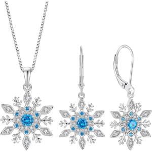 imageSnowflake Necklace Earrings 925 Sterling Silver Aquamarine March Birthstone Jewelry Set Christmas Gifts for Her