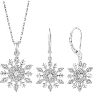 imageSnowflake Necklace Earrings 925 Sterling Silver Cubic Zirconia April Birthstone Jewelry Set Christmas Gifts for Her