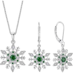 imageSnowflake Necklace Earrings 925 Sterling Silver Emerald May Birthstone Jewelry Set Christmas Gifts for Her