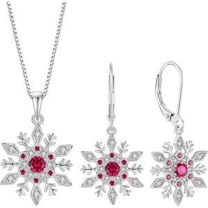 imageSnowflake Necklace Earrings 925 Sterling Silver Ruby July Birthstone Jewelry Set Christmas Gifts for Her