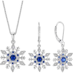 imageSnowflake Necklace Earrings 925 Sterling Silver Sapphire September Birthstone Jewelry Set Christmas Gifts for Her