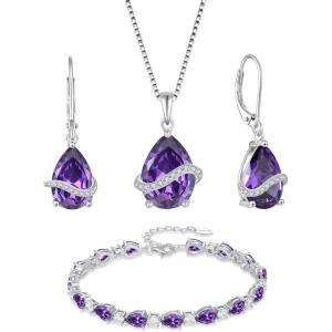 imageAmethyst Jewelry Set 925 Sterling Silver Pear Shaped February Birthstone Earrings Necklace Bracelet Jewelry Gifts for Women