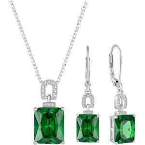 imageEmerald Cut Necklace Earrings Set 925 Sterling Silver Emerald Jewelry Set May Birthstone Jewelry Gifts for Women