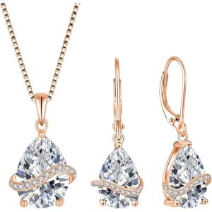 image:imageInpasne 18K Rose Gold Plated Jewelry Set for Women 925 Sterling Silver Teardrop Cubic Zirconia Necklace Dangle Drop Leverback Earrings April Birthstone Jewelry Gifts for Her
