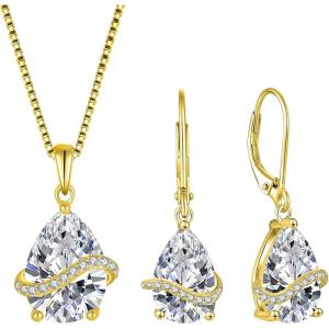 image:imageInpasne 18K Yellow Gold Plated Jewelry Set for Women 925 Sterling Silver Teardrop Cubic Zirconia Necklace Dangle Drop Leverback Earrings April Birthstone Jewelry Gifts for Her