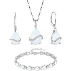 image:imageInpasne Opal Jewelry Set 925 Sterling Silver Pear Shaped October Birthstone Earrings Necklace Bracelet Jewelry Gifts for Women