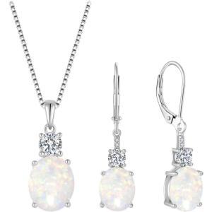 image:imageInpasne Opal Jewelry Set for Women 925 Sterling Silver Oval Cut Necklace Dangle Drop Leverback Earrings October Birthstone Jewelry for Her