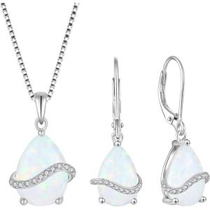 image:imageInpasne Teardrop Jewelry Set for Women 925 Sterling Silver Opal Necklace Dangle Drop Leverback Earrings October Birthstone Jewelry Gifts for Her