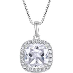 image:imageBirthstone Necklace for Women 925 Sterling Silver Princess Cut Halo Necklace Pendant Jewelry Gifts for Her04 April  Zirconia