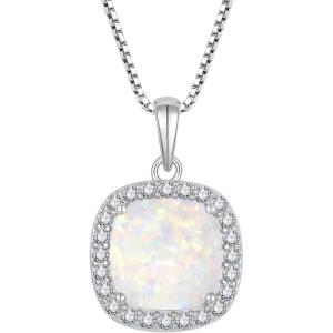 image:imageBirthstone Necklace for Women 925 Sterling Silver Princess Cut Halo Necklace Pendant Jewelry Gifts for Her10 October  Opal