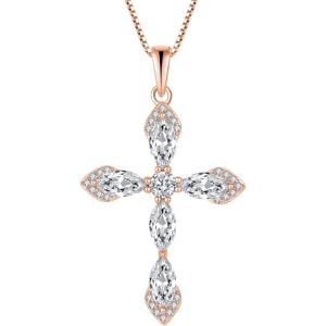 image:imageWomen Cross Necklace 925 Sterling Silver Halo Gemstone Necklace Crucifix Religious Pendant Birthstone Jewelry Gifts for Her04 April  Zirconia  Rose Gold Plated