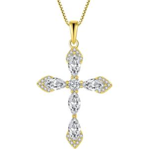 image:imageWomen Cross Necklace 925 Sterling Silver Halo Gemstone Necklace Crucifix Religious Pendant Birthstone Jewelry Gifts for Her04 April  Zirconia  Yellow Gold Plated
