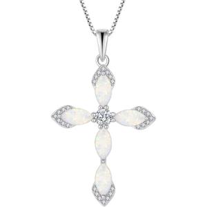image:imageWomen Cross Necklace 925 Sterling Silver Halo Gemstone Necklace Crucifix Religious Pendant Birthstone Jewelry Gifts for Her10 October  Opal