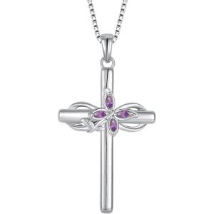 image:imageCross Necklace for Women 925 Sterling Silver Butterfly Cross Pendant Necklace Birthstone Jewelry Gifts for Her02 February  Amethyst
