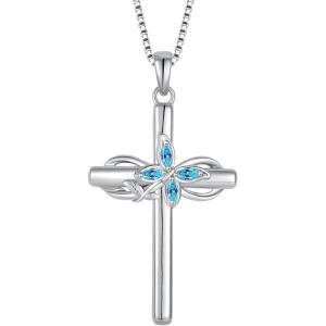image:imageCross Necklace for Women 925 Sterling Silver Butterfly Cross Pendant Necklace Birthstone Jewelry Gifts for Her03 March  Aquamarine