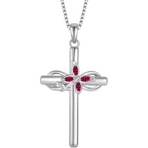 image:imageCross Necklace for Women 925 Sterling Silver Butterfly Cross Pendant Necklace Birthstone Jewelry Gifts for Her07 July  Ruby