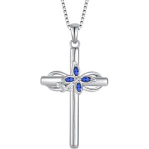 image:imageCross Necklace for Women 925 Sterling Silver Butterfly Cross Pendant Necklace Birthstone Jewelry Gifts for Her09 September  Sapphire