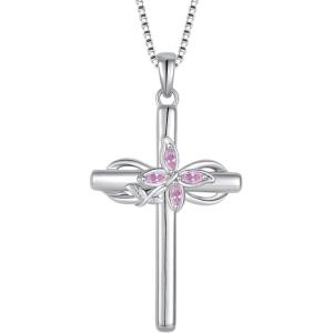 image:imageCross Necklace for Women 925 Sterling Silver Butterfly Cross Pendant Necklace Birthstone Jewelry Gifts for Her10 October  Pink Tourmaline