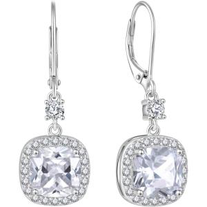 image:imageWomen Leverback Earrings 925 Sterling Silver Princess Cut Halo Earrings Birthstone Dangle Drop Earrings for Women Her Mom Wife04 April  Zirconia