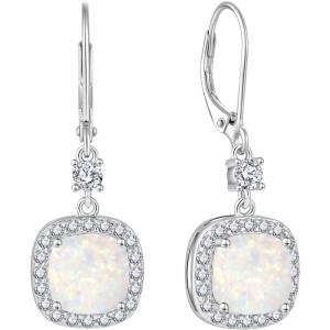 image:imageWomen Leverback Earrings 925 Sterling Silver Princess Cut Halo Earrings Birthstone Dangle Drop Earrings for Women Her Mom Wife10 October  Opal