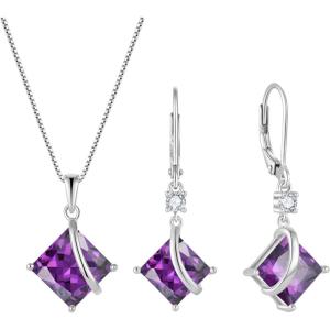 image:imageSquare Princess Cut Necklace and Earrings Set 925 Sterling Silver Solitaire Amethyst Jewelry Set for Women February Birthstone Jewelry Gifts for Her