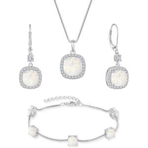 image:imageOpal Jewelry Set 925 Sterling Silver Princess Cut Earrings Dangle Drop Leverback October Birthstone Necklace and Bracelet Jewelry Gifts for Women
