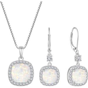 image:imagePrincess Cut Jewelry Set for Women 925 Sterling Silver Opal October Birthstone Necklace Halo Dangle Drop Leverback Earrings Jewelry Gifts for Her