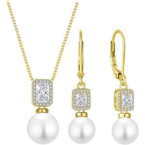 image:image18K Gold Plated Pearl Jewelry Set 925 Sterling Silver Cubic Zirconia and Pearl Necklace Earrings April Birthstone Jewelry for Women