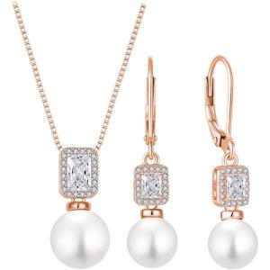 image:image18K Rose Gold Plated Pearl Jewelry Set 925 Sterling Silver Cubic Zirconia and Pearl Necklace Earrings April Birthstone Jewelry for Women