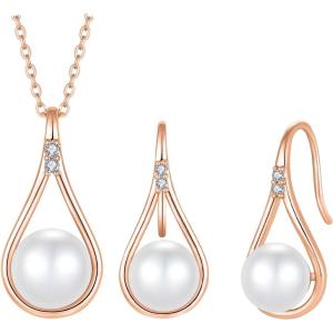 image:imageFreshwater Pearl Jewelry Set for Women Rose Gold Tone Pearl Necklace Earrings Jewelry for Mom Wife