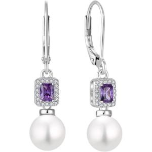 image:imagePearl Earrings for Women 925 Sterling Silver Birthstone and Pearl Dangle Drop Leverback Earrings Jewelry Gifts for Her02 February  Amethyst