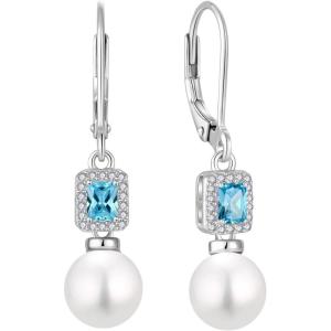 image:imagePearl Earrings for Women 925 Sterling Silver Birthstone and Pearl Dangle Drop Leverback Earrings Jewelry Gifts for Her03 March  Aquamarine