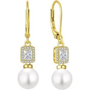 image:imagePearl Earrings for Women 925 Sterling Silver Birthstone and Pearl Dangle Drop Leverback Earrings Jewelry Gifts for Her04 April  Zirconia  Gold