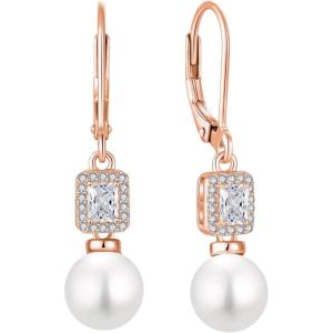 image:imagePearl Earrings for Women 925 Sterling Silver Birthstone and Pearl Dangle Drop Leverback Earrings Jewelry Gifts for Her04 April  Zirconia  Rose Gold