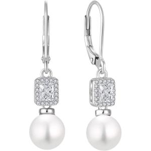 image:imagePearl Earrings for Women 925 Sterling Silver Birthstone and Pearl Dangle Drop Leverback Earrings Jewelry Gifts for Her04 April  Zirconia