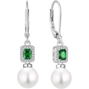 image:imagePearl Earrings for Women 925 Sterling Silver Birthstone and Pearl Dangle Drop Leverback Earrings Jewelry Gifts for Her05 May  Emerald
