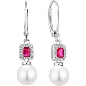 image:imagePearl Earrings for Women 925 Sterling Silver Birthstone and Pearl Dangle Drop Leverback Earrings Jewelry Gifts for Her07 July  Ruby