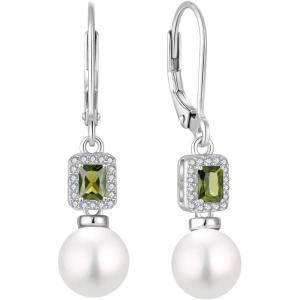 image:imagePearl Earrings for Women 925 Sterling Silver Birthstone and Pearl Dangle Drop Leverback Earrings Jewelry Gifts for Her08 August  Peridot