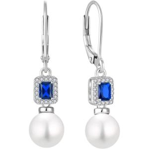 image:imagePearl Earrings for Women 925 Sterling Silver Birthstone and Pearl Dangle Drop Leverback Earrings Jewelry Gifts for Her09 September  Sapphire