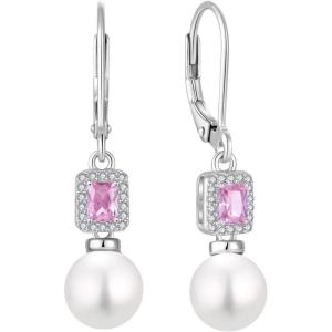 image:imagePearl Earrings for Women 925 Sterling Silver Birthstone and Pearl Dangle Drop Leverback Earrings Jewelry Gifts for Her10 October  Pink Tourmaline