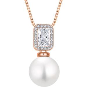 image:imagePearl Necklace for Women 925 Sterling Silver Birthstone Pendant Necklace Emerald Cut Jewelry Gifts for Her04 April  Zirconia  Rose Gold