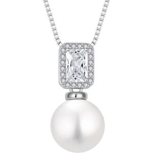 image:imagePearl Necklace for Women 925 Sterling Silver Birthstone Pendant Necklace Emerald Cut Jewelry Gifts for Her04 April  Zirconia