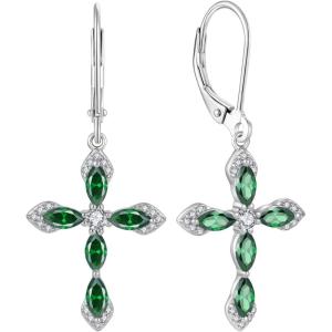 image:imageCross Earrings for Women 925 Sterling Silver Birthstone Dangle Drop Leverback Earrings Christian Religious Jewelry for Her