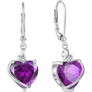 image:imageHeart Birthstone Earrings for Women Silver Tone Heart Shaped Dangle Drop Leverback Earrings Jewelry for Her02 February  Amethyst